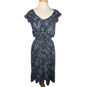 LUCKY BRAND Blue Floral Cottage Country Midi Dress Size Large Cap Sleeve